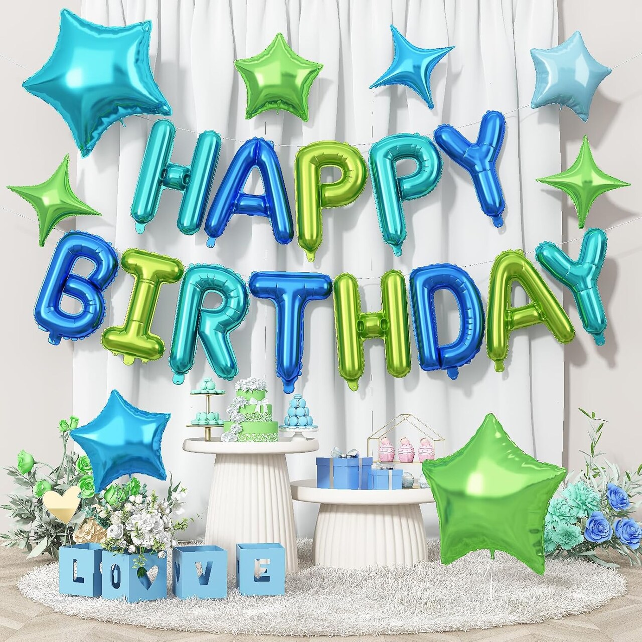 Happy Birthday Balloon Banner – 16 Inch Blue & Green Mylar Foil Letters with 8 Star Balloons, Reusable Birthday Party Decorations for Men, Women, and Girls (Blue Green)